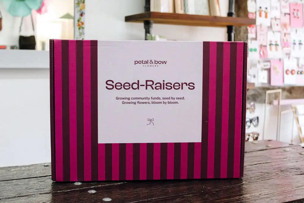 Petal & Bow Seed-Raisers box with pink stripes, promoting community flower growing and bloom-by-bloom gardening.