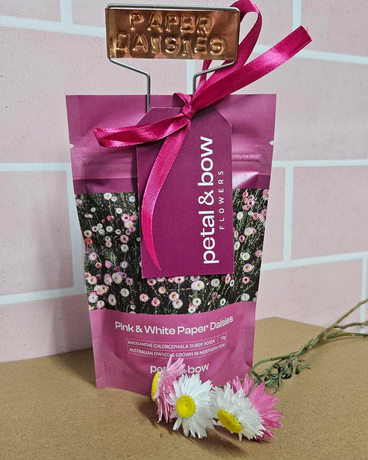 Packaged daisy seeds with a copper gift tag