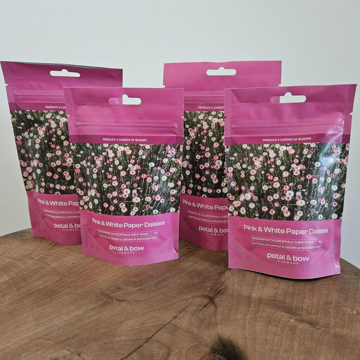 2 x 10g and 2 x 20g pink and white paper daisy seed packets