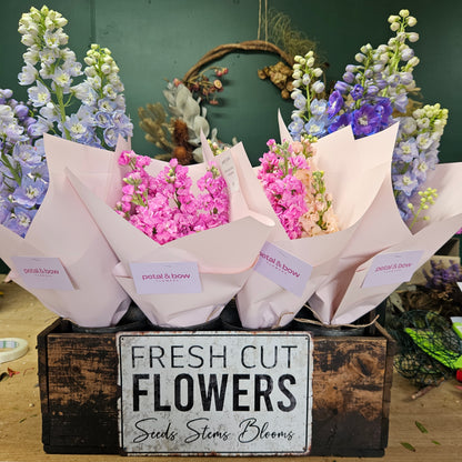 Bouquets of flowers with a 'Fresh Cut Flowers' sign in the background | Locally Grown Flowers | Bunches Stock | Bunched Delphinium