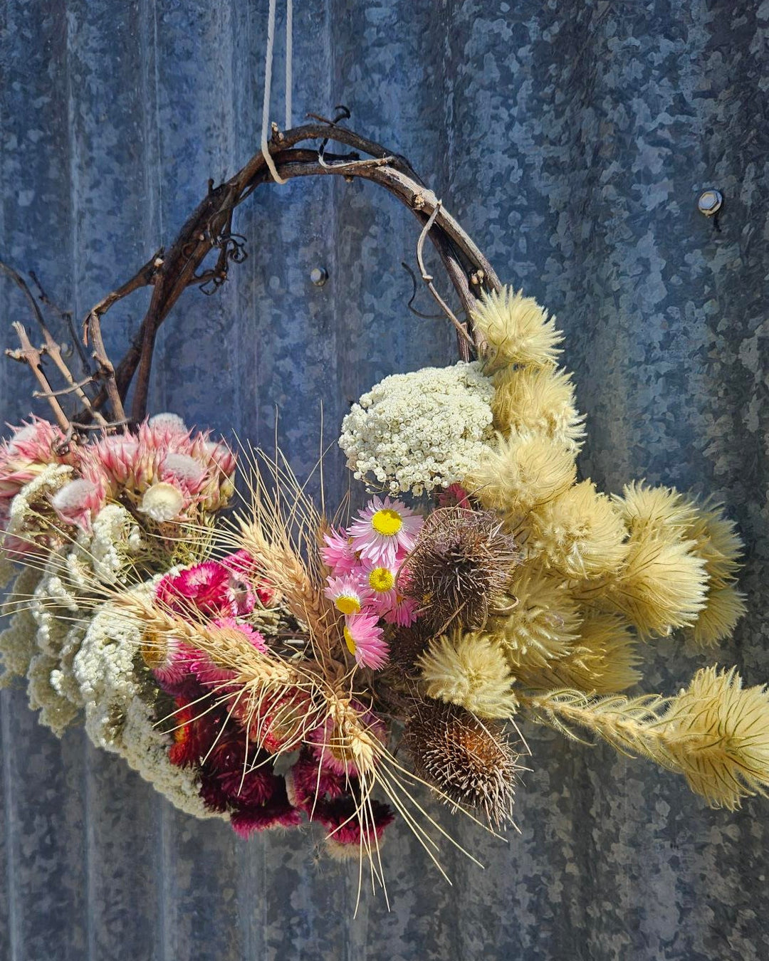 Dried floral arrangement on a textured blue background